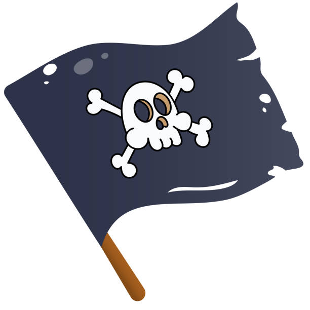 Color image of cartoon pirate flag on a white background. Black flag with skull drawing. Jolly Roger. Decorative element for pirate party for kids. Vector illustration. Color image of cartoon pirate flag on a white background. Black flag with skull drawing. Jolly Roger. Decorative element for pirate party for kids. Vector illustration. treasure island map stock illustrations