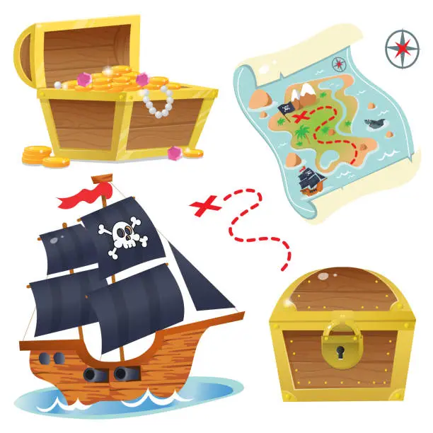 Vector illustration of Cartoon set for pirate party for kids. Pirate ship. Sailboat with black sails with skull in sea. Treasure chest. Pirate coffer with gold and jewels. Closed coffer with lock. Golden key. Treasure map. Color images on a white background. Vector.