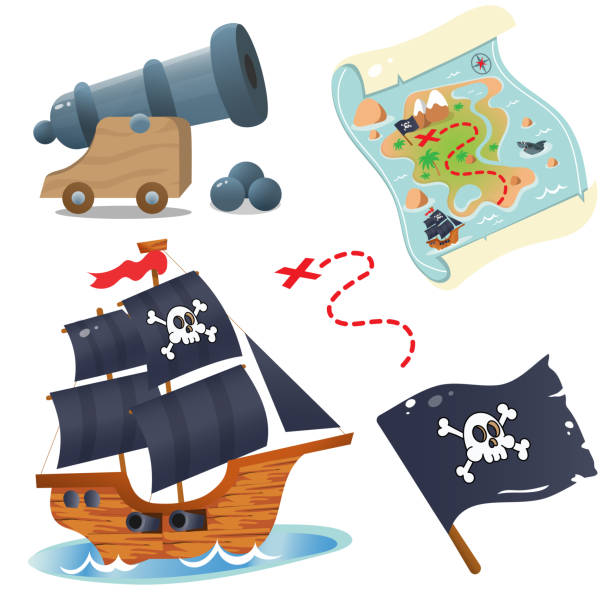 子供のための海賊パーティーのための漫画セット。海賊船。海に黒い帆を持つヨット。海賊大砲。頭蓋骨付きの黒い旗。宝の地図。白い背景に画像をカラー表示します。ベクトル。 - naval flag点のイラスト素材／クリップアート素材／マンガ素材／アイコン素材
