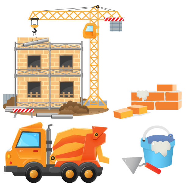 Color images of build of house with elevating crane, concrete mixer and construction tools on a white background. Vector illustration set for kids. Color images of build of house with elevating crane, concrete mixer and construction tools on a white background. Vector illustration set for kids. mixing cement stock illustrations