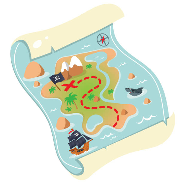 ilustraciones, imágenes clip art, dibujos animados e iconos de stock de imagen a color del mapa del tesoro de dibujos animados sobre un fondo blanco. mapa pirata del dibujo del tesoro. elemento decorativo para fiesta pirata para niños. ilustración vectorial. - mapas de tesoros