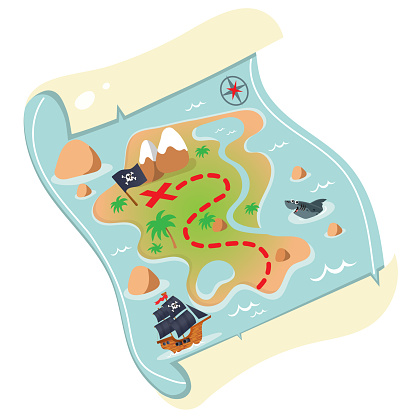 Color image of cartoon treasure map on a white background. Pirate map of treasure drawing. Decorative element for pirate party for kids. Vector illustration.