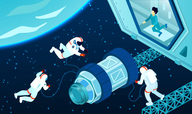Isometric Spaceman Illustration Three spacemen near cosmic station in outer space 3d isometric vector illustration astronaut illustrations stock illustrations