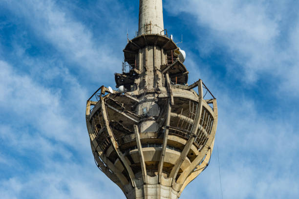 Fruska Gora, Serbia - March 10, 2019: Broken television tower on Fruska Gora in Serbia. Tv tower was demolished by the NATO alliance during the bombing of Serbia.