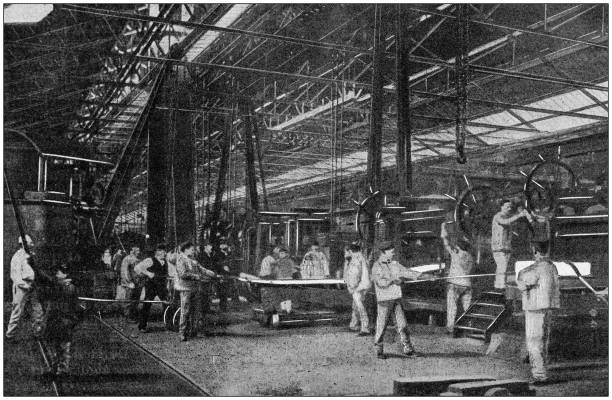 Antique photo: Foundry in Le Creusot Antique photo: Foundry in Le Creusot manufacturing occupation photos stock illustrations