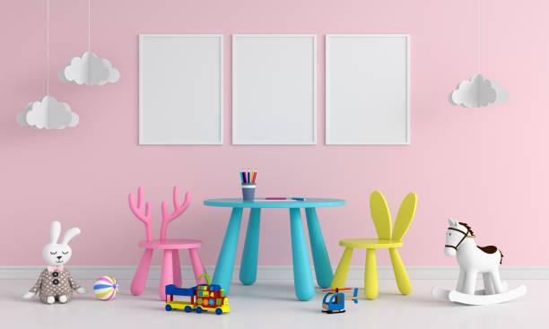 Three blank photo frame for mockup in children room, 3D rendering
