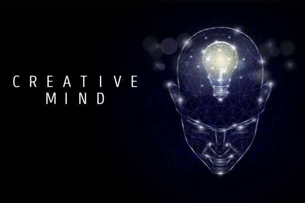 Creative mind poster, banner template, vector polygonal art style illustration Human head with lightbulb inside, vector low poly wireframe mesh. Creative mind brain idea thinking concept for poster, banner etc., polygonal art style illustration. nootropic stock illustrations