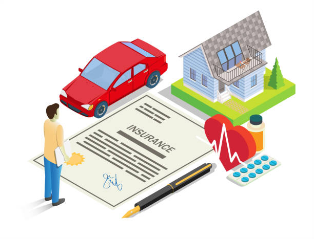 Insurance services concept vector flat isometric illustration Insurance services vector illustration. Isometric car, house, insurance policy, money, pen, heart with medicaments and male character. Auto, home, health insurance concept for banner, website page etc contract renewal stock illustrations