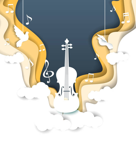 ilustraciones, imágenes clip art, dibujos animados e iconos de stock de fondo musical de estilo de corte de papel en capas vectoriales - musical instrument string illustrations