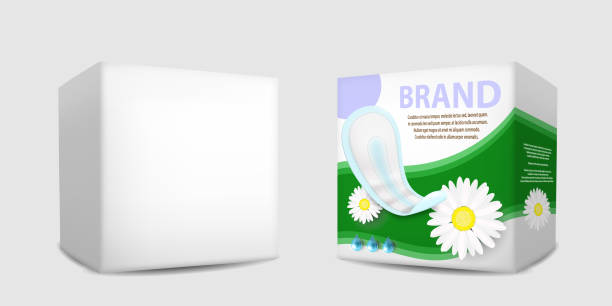 ilustraciones, imágenes clip art, dibujos animados e iconos de stock de juego de maquetas de caja de embalaje de servilletas sanitarias, ilustración aislada vectorial - hygienic pad