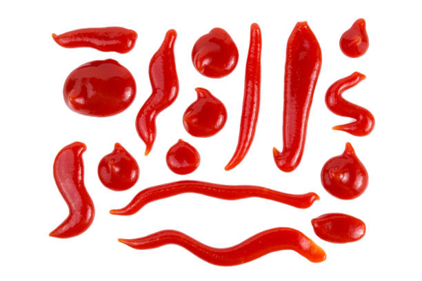 red tomato ketchup splashes isolated on white background, - tempera painting fotos imagens e fotografias de stock