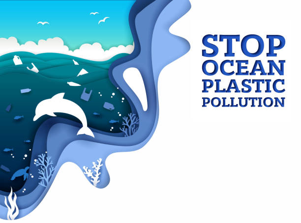 ilustrações de stock, clip art, desenhos animados e ícones de stop ocean plastic pollution vector paper art poster banner template - save oceans