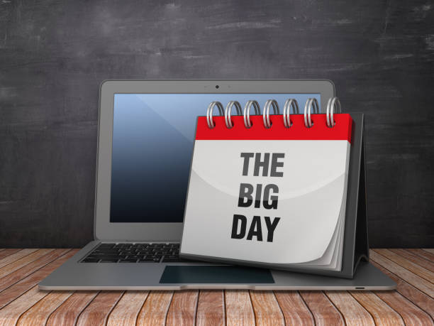 istock THE BIG DAY Calendar with Computer Laptop on Chalkboard Background - 3D Rendering 1187157408