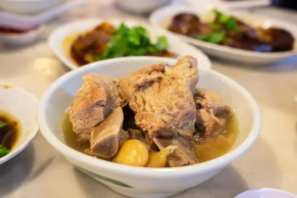 Photo of Pork ribs soup or Bak Kut Teh, Food background.