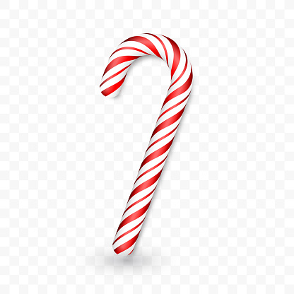 Christmas candy cane isolated on transparent background. Template for xmas or New Year greeting card. Vector illustration.