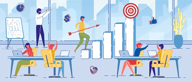 Office With Workers Doing Different Tasks Flat Stock Illustration ...