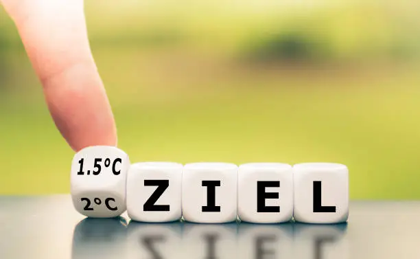 Symbol for limiting global warming. Hand turns a dice and changes the German expression "2°C Ziel" ("2°C limit" in English) to "1.5°C Ziel" ("1.5°C limit" in English), or vice versa.