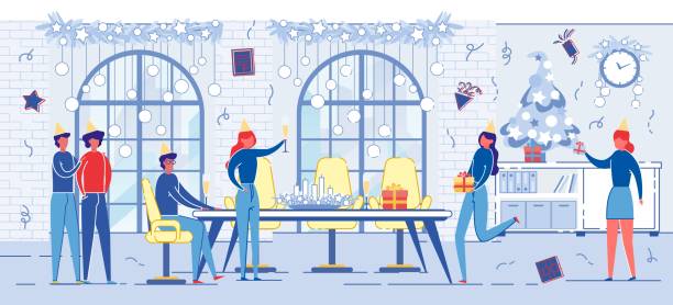 ilustrações de stock, clip art, desenhos animados e ícones de people on new year or christmas party celebration. - dinner friends christmas