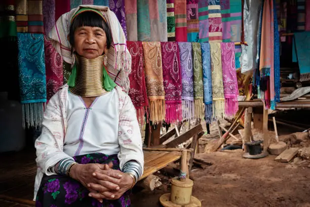 Photo of Chiang Rai Province, Thailand, Karen Long Neck Woman in Hill Tribe Village Near Chiang Rai