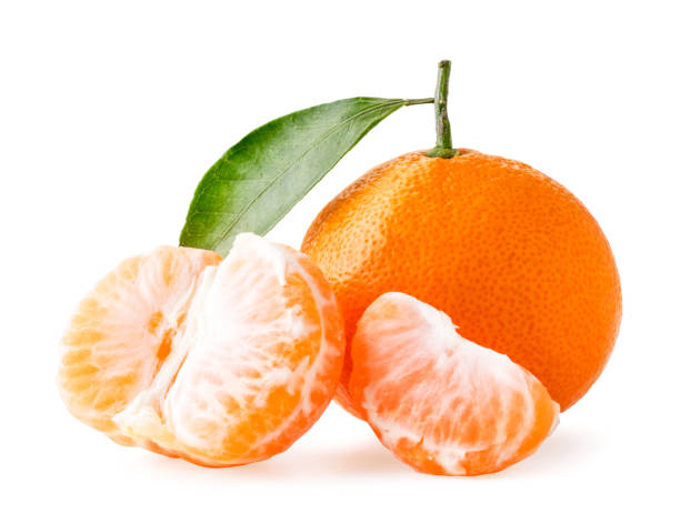 istock Ripe tangerine with a leaf, peeled half and slice on a white, isolated. 1187168297
