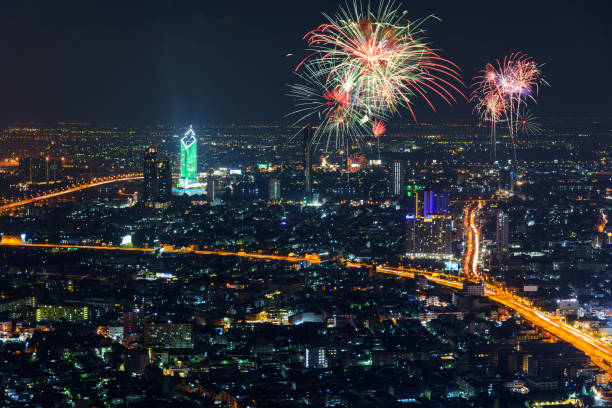 high view of city with fireworks