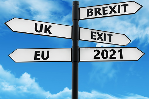 Crossroad Signpost with Brexit,UK,EU,and Exit concept on blue sky