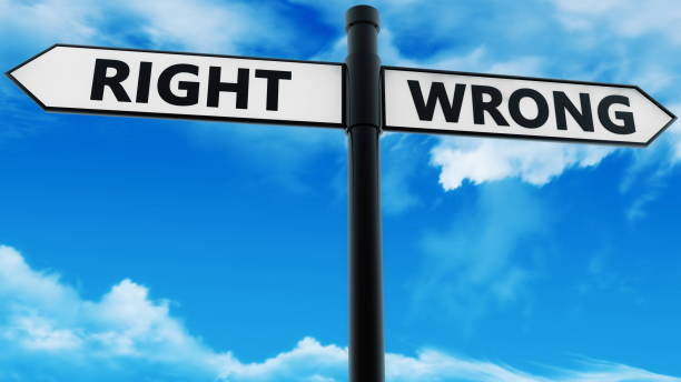 istock Crossroad Signpost with right and wrong concept on blue sky 1187170797