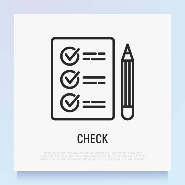 ilustraciones, imágenes clip art, dibujos animados e iconos de stock de lista de verificación aprobada y lápiz. icono de línea delgada de votación, examen, encuesta. ilustración vectorial moderna. - questionnaire quality control checklist exam