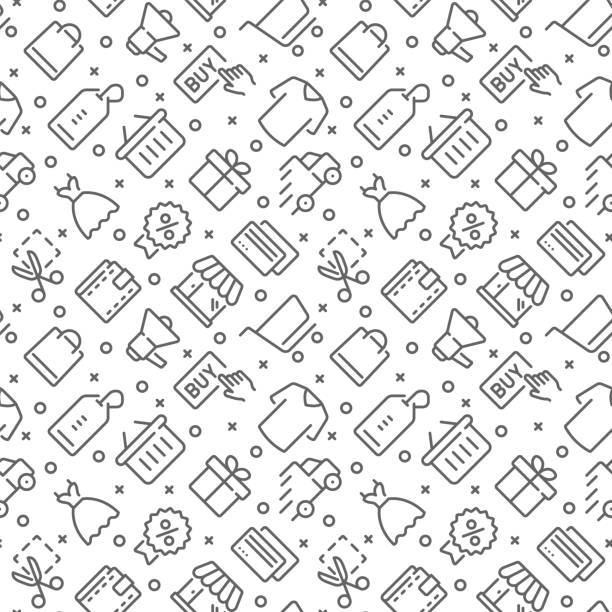 Shopping related seamless pattern with outline icons Shopping related seamless pattern with outline icons shopping patterns stock illustrations