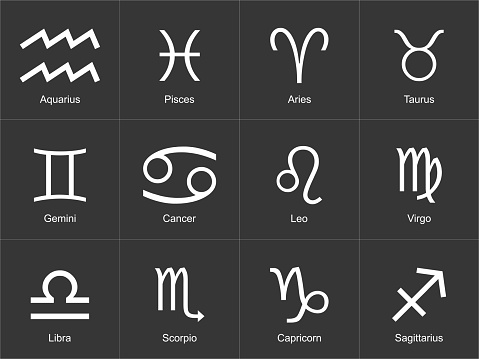 Astrology and horoscopes concept. Astrological zodiac signs 12 set on black background.
