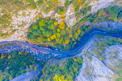 Gorges mountain road in autumn viewed from above.This stunning gorge has a part that is so narrow that it is called \