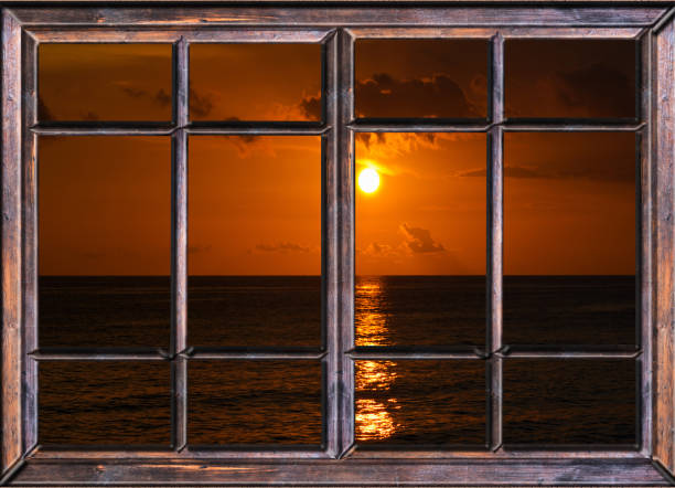view from an open window with a curtain Caribbean sea Dominican Republic evening beautiful sunset