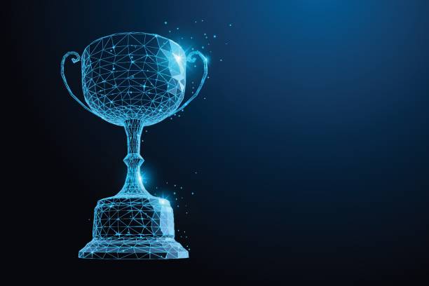 Print Abstract Trophy cup form lines, Low Poly, point connecting network on blue background. blue cup stock illustrations