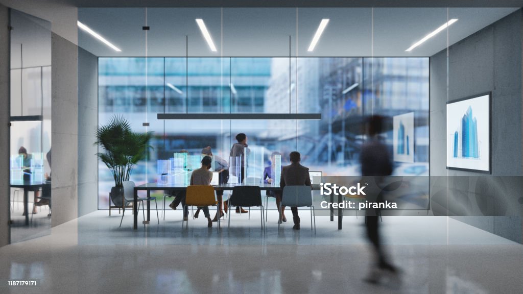 Futuristic office Group of people working in a modern board room with augmented reality interface, all objects in the scene are 3D Office Stock Photo