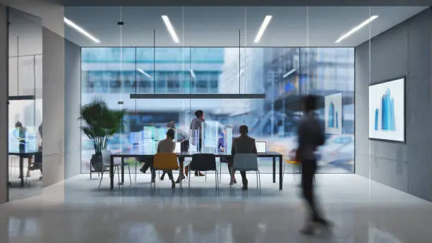 Group of people working in a modern board room with augmented reality interface, all objects in the scene are 3D