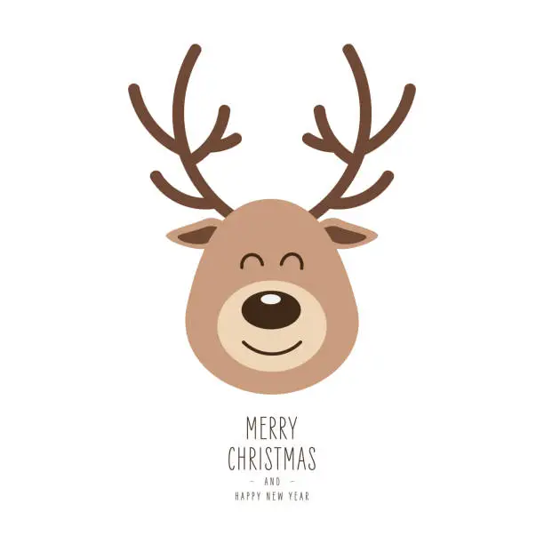 Vector illustration of Reindeer big nose cute close up cartoon and greeting isolated white background. Christmas card