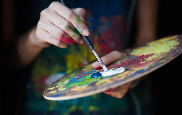 Closeup of brush and palette Painting - Activity, Art, Artist, Paintbrush oil paint palette stock pictures, royalty-free photos & images
