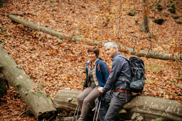 istock Senior couple going hiking in forest on mountain 1187183997