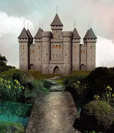 Beautiful landscape with a bridge taking to an old medieval castle – 3D render