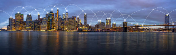 istock Technology Connection line between Panorama of New York Cityscape building 1187185969