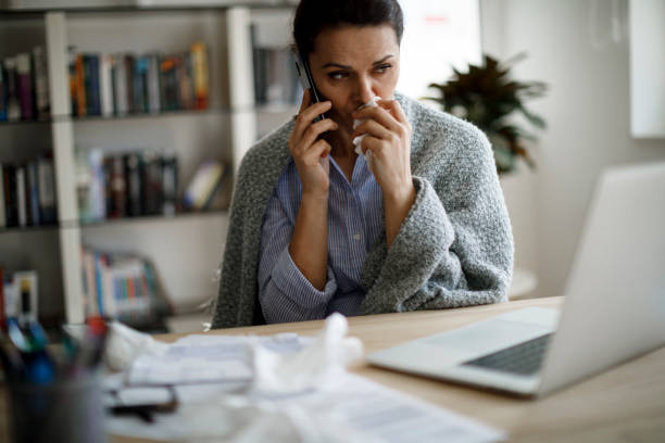 ill woman working from home office - cell human cell plant cell virus imagens e fotografias de stock