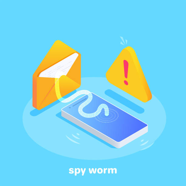 spy worm isometric vector image on a blue background, a transparent worm climbs out of an envelope with a letter and climbs into a smartphone screen, an exclamation mark in a triangle agent nasty stock illustrations