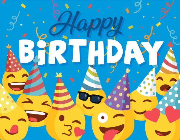 Happy Birthday card with smileys. Vector design with smileys wearing party cap and confetti. Flat style emoji. good job emoji stock illustrations