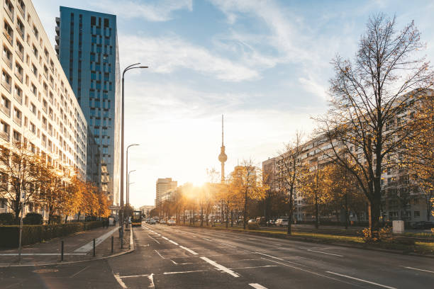 berlin stadtbild in goldener herbst-nachmittagssonne - tree sun autumn sunlight stock-fotos und bilder