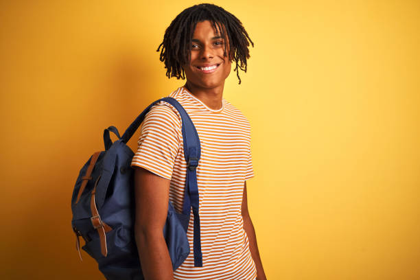 istock Afro american student man with dreadlocks wearing backpack over isolated yellow background with a happy face standing and smiling with a confident smile showing teeth 1187192606