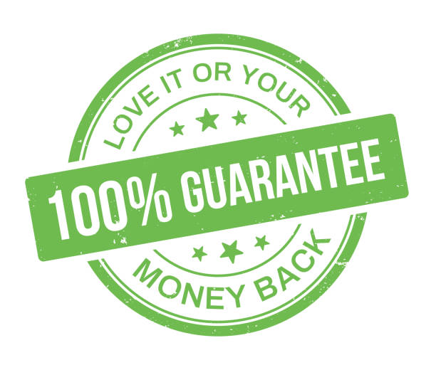 One Hundred Percent Guarantee Stamp Badge 100% stamp guarantee Love it or your Money Back Guarantee badge with grunge texture. reliability stock illustrations