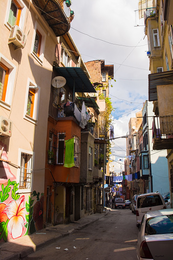 Istanbul, Turkey - September 8th 2019. A quiet Sunday morning in a residential street in the Tarlabasi neighbourhood of Beyoglu, Istanbul