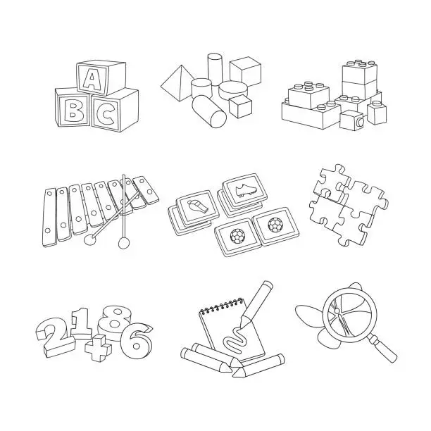 Vector illustration of Daycare toys. Educational games of letters, memory, geometry, music, numbers, etc.