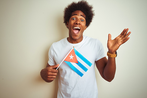 Young african american man holding Cuba Cuban flag standing over isolated white background very happy and excited, winner expression celebrating victory screaming with big smile and raised hands
