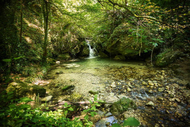Valley of the Alento river in Serramonacesca (Italy): small lake and waterfall in a wild environment Valley of the Alento river in Serramonacesca (Italy): small lake and waterfall in a wild environment chieti stock pictures, royalty-free photos & images